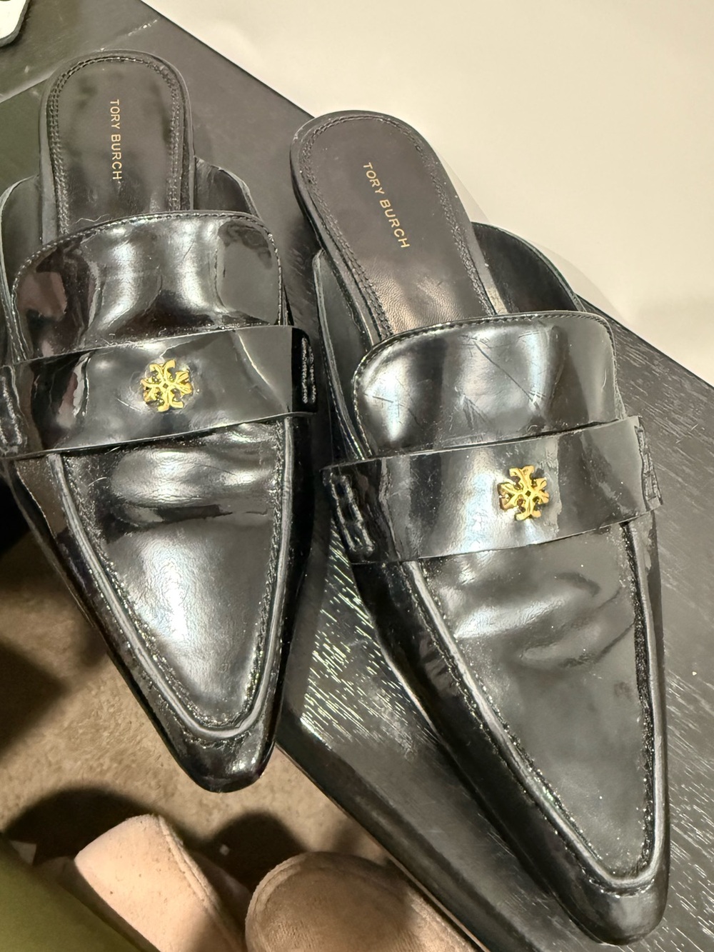 Tory Burch Black Patent Leather Pointed Slip-On Loafers with Gold Logo